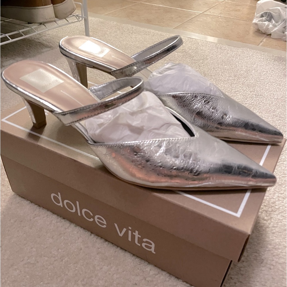 Dolce Vita Kanika mid-heels, mules,silver distressed leather, size 8. Never worn